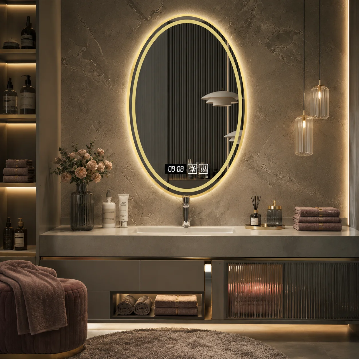 Smart Mirror Anti-Fog LED Backlit 60x80cm Oval Black Aluminum Frame Bathroom Touch Sensor Dimmable Wall Mounted Vanity Mirror