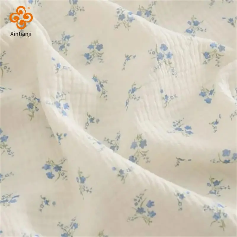 0.5/1/3/5 Meters Soft Blue Floral Cotton Fabric, Double Layer Crepe Floral Printed Fabric, Light Beige Base Cotton Fabric