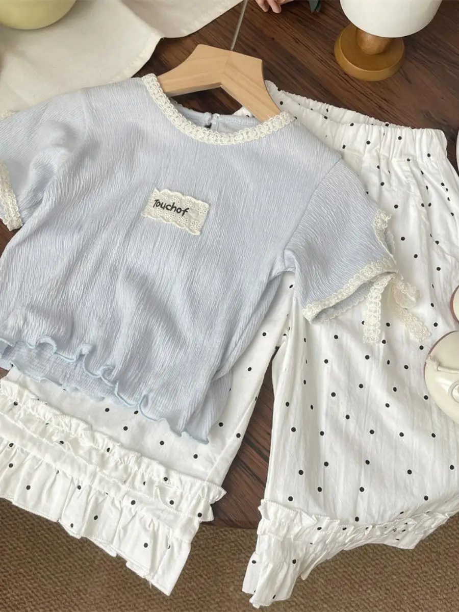 Summer 2025 White Ruffle Polka Dot Straight Leg Pants Thin Mosquito Proof Wide Leg Pants for Girls Children's Casual Trousers