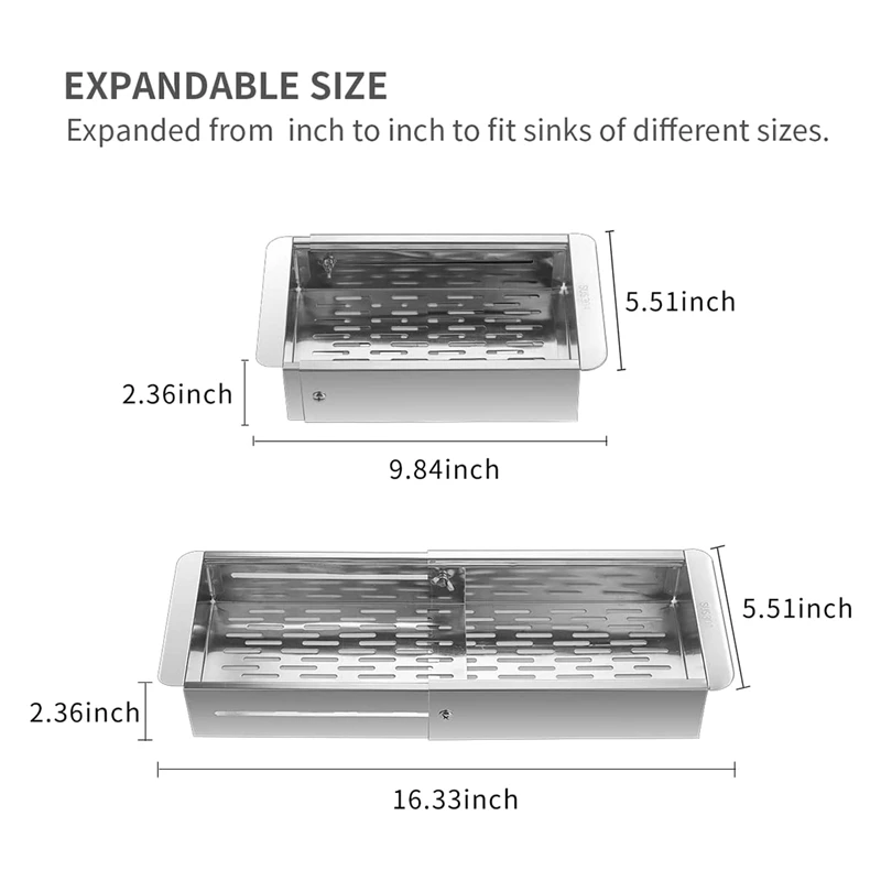 Saringan atas wastafel, saringan keranjang Stainless Steel-cuci sayuran dan buah, Tiris Pasta yang bisa diperpanjang