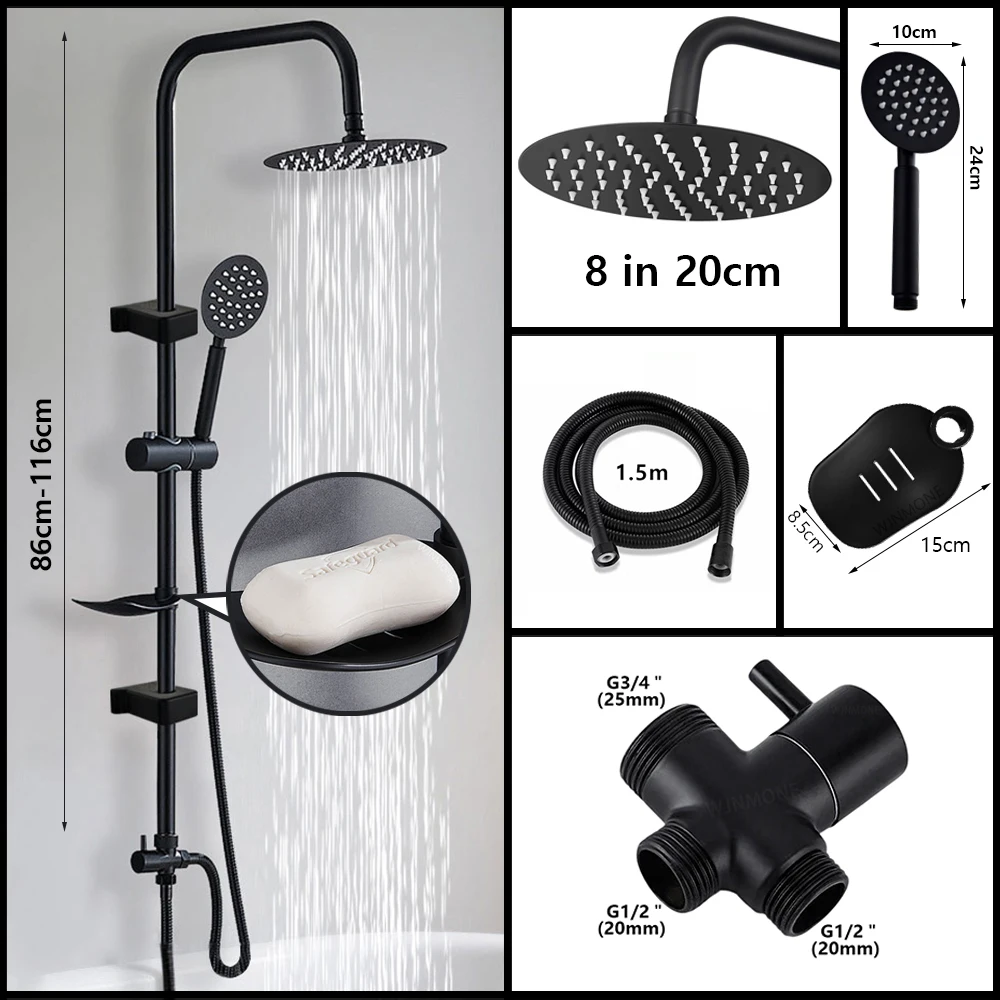 Chrome Black Round Bathroom Split Shower Column Premium Stainless Steel Shower System Set Bathtub Rain Shower Faucet Accessories