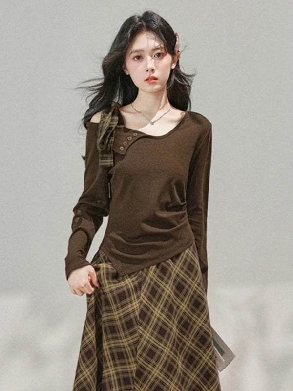 Early Autumn 2025 Fashion Design Sense Small Audience Tie Shoulder Long Sleeve T-Shirt High Waist Plaid  Skirt Set Women'...