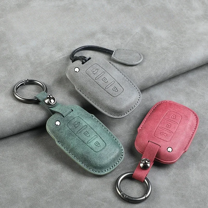 

Leather Car Key Case Cover Shell Fob For Hyundai Grand Prix GN7 IONIQ6 Nuovo Kona Genesis Coupe Sonata Ix35 Protector Keychain