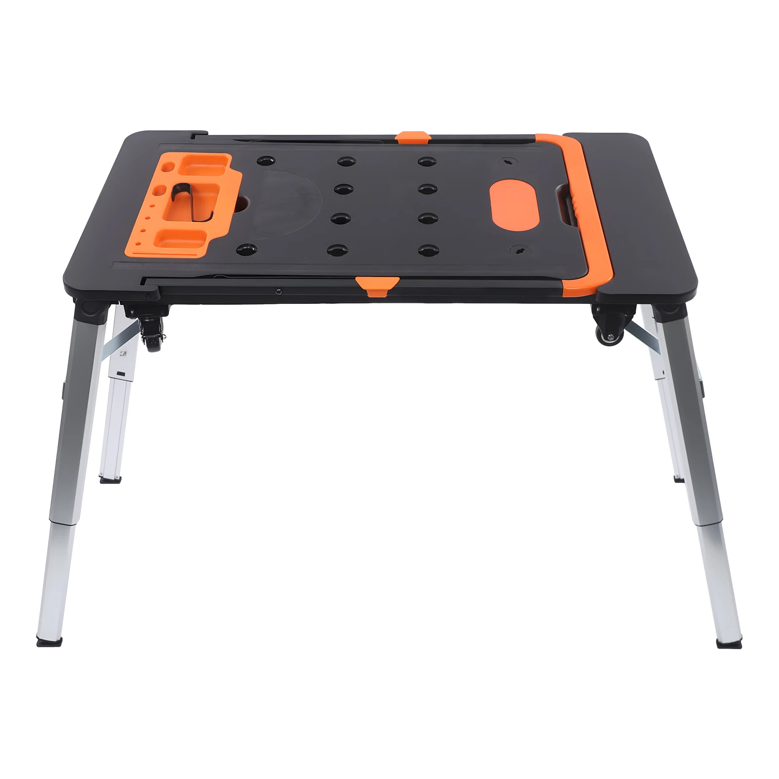 Mobile Workbench, 7 in 1 Multi-Function Work Platform, Folding Workbench 551lbs Load Capacity, Adjustable Height 20.47/30.71in, Foldable with Wheels, ABS Aluminum PVC, Tool Tray Protractor Ruler Hooks, Scaffold Sawhorse Cart Creeper, for Workshop