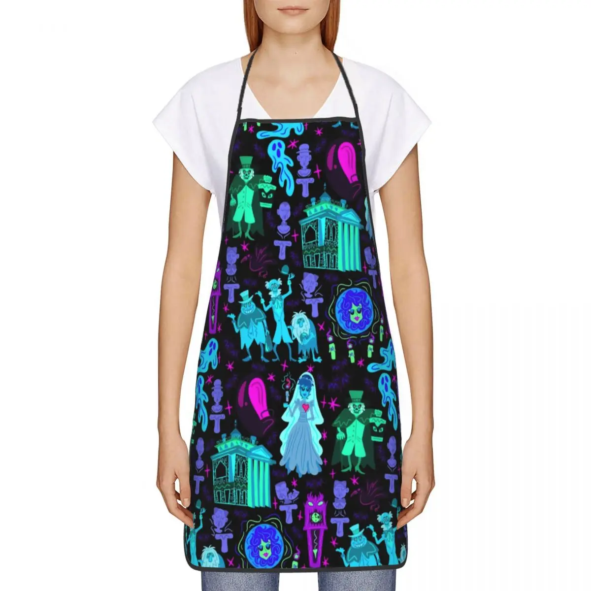 Custom Unisex Happy Haunts Haunted Mansion Bib Apron Chef Tablier Cuisine for Cooking Kitchen Halloween Ghost Monster Gardening