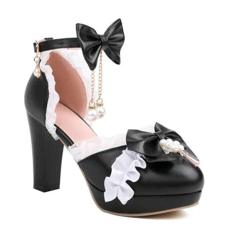 Girls High Heels Kids Princess Sandal Ladies Platform  Bow Lace Mary Jane Lolita Shoes Women Party High Heels  Women Pumps 30-43