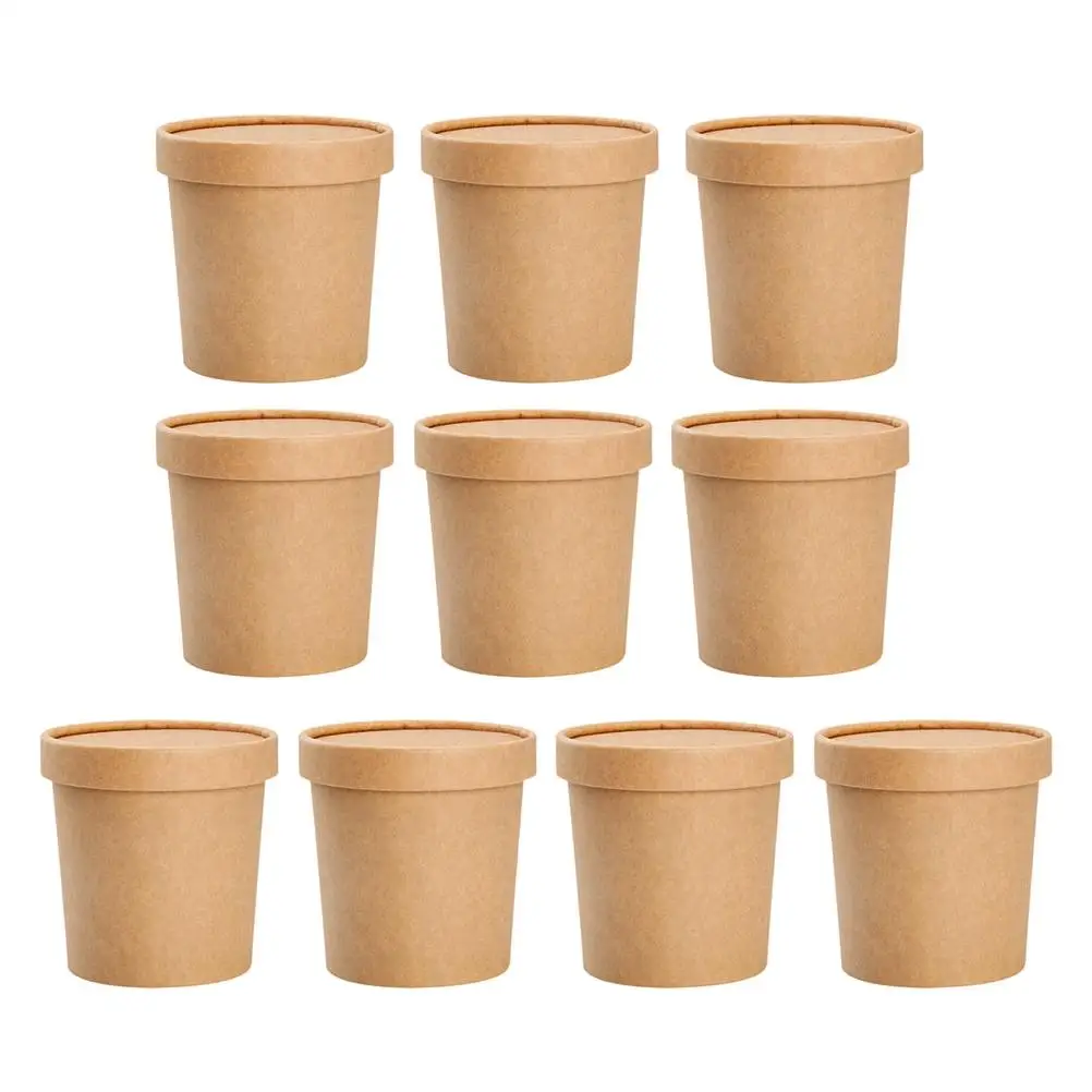 

10 Sets Paper Soup Cup Cups Disposable Porridge Bucket Khaki Food Containers