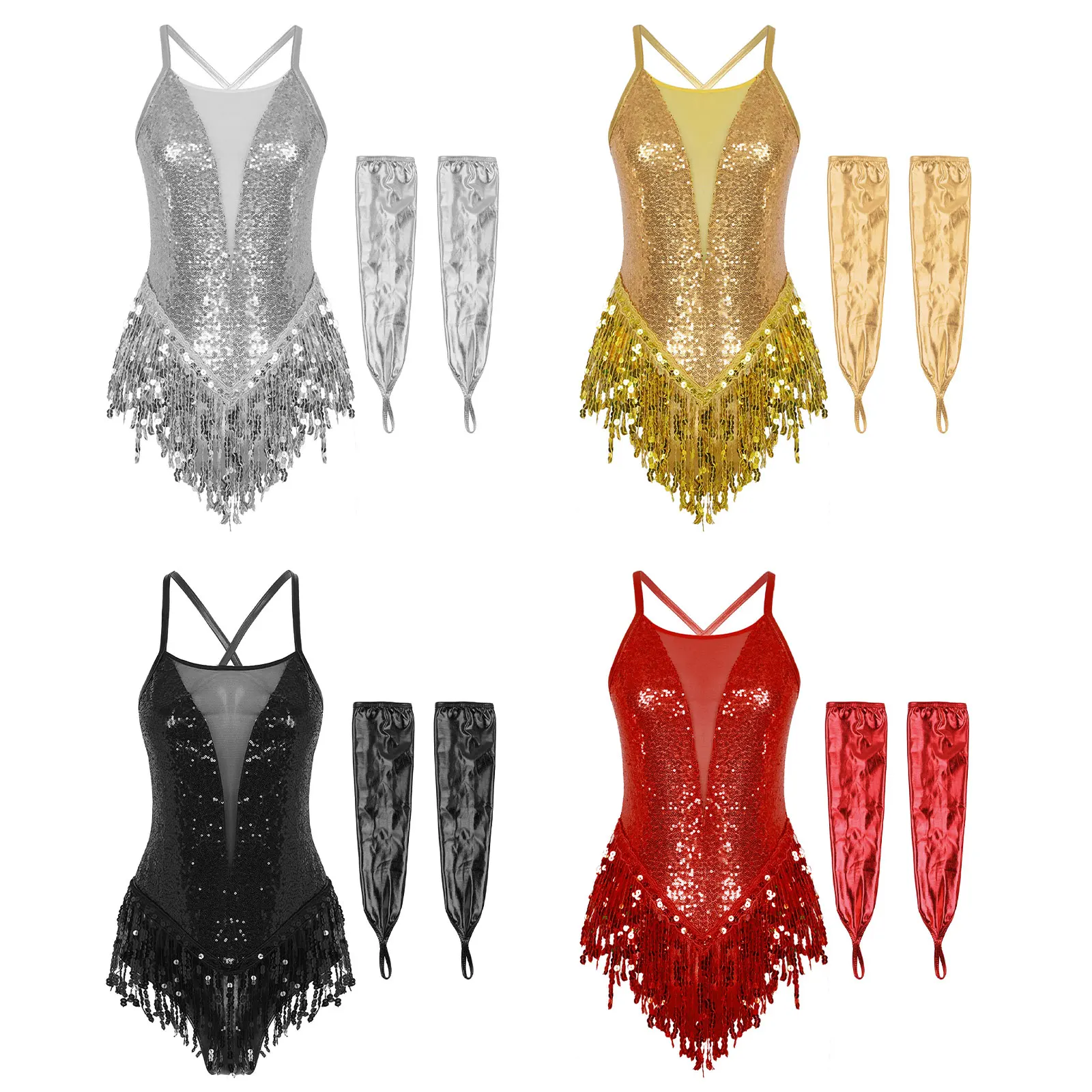 Fashion Women Latin Dance Outfit Sparkling Sequins Leotard Bodysuit+Length Fingerless Gloves Samba Cha-cha Performance Costume