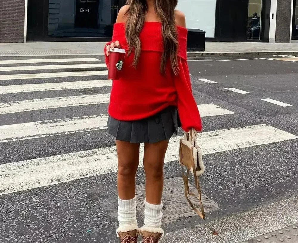 

Women's Fashion Solid Off Shoulder Sweaters Casual Long Sleeve Folding Slim Fit Pullover Autumn Female Sexy Knitted Tops
