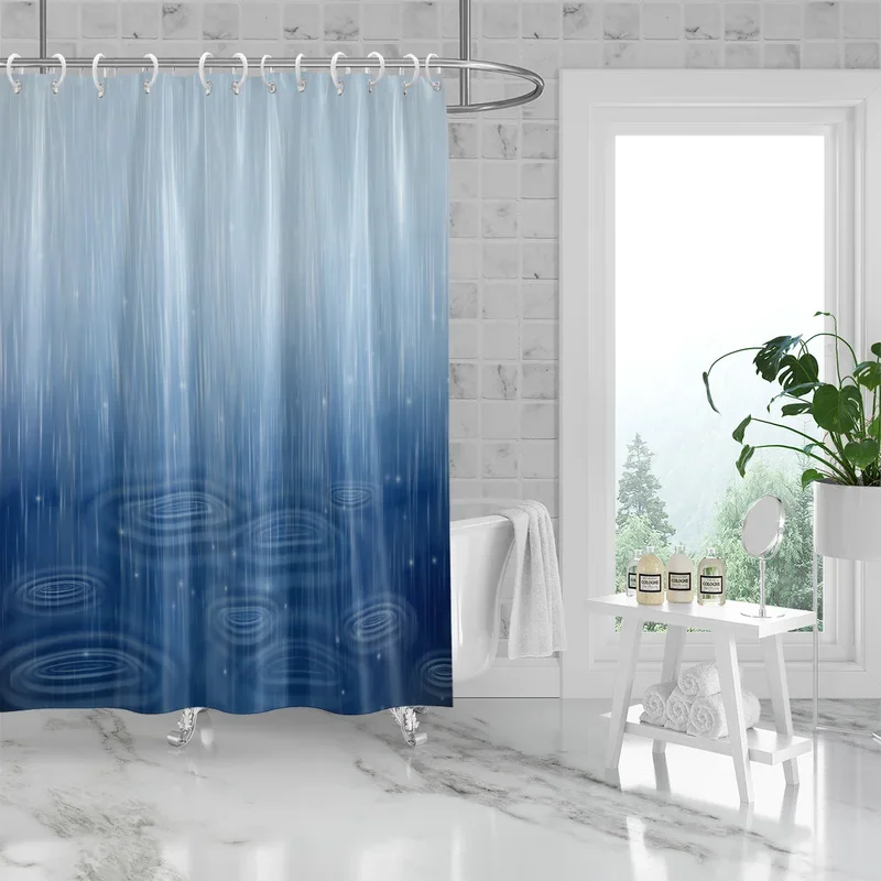 1PC Modern Simple Design Blue Raindrop Print Waterproof and Mildew Proof with Hook Machine Washable Bathroom Shower Curtain