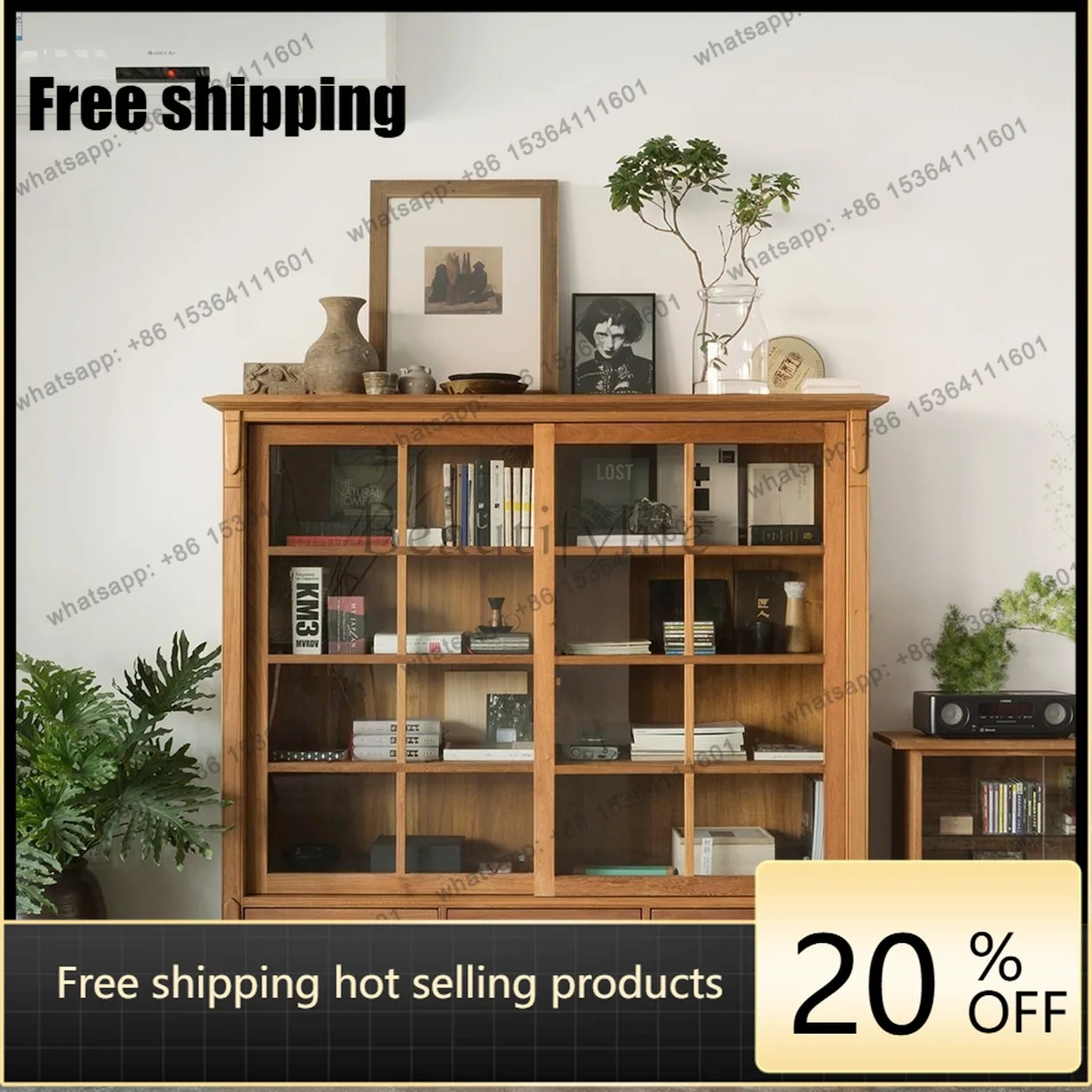 

Spot Nordic simple oak side cabinet sliding glass door shelf display cabinet