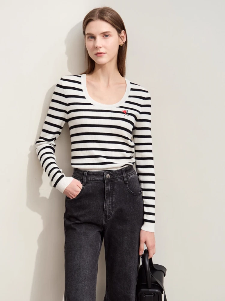 Amii minimalisme rayé pull pour femmes 2025 automne nouvelles femmes chandails col rond broderie basique tricot mince dame haut 12443152
