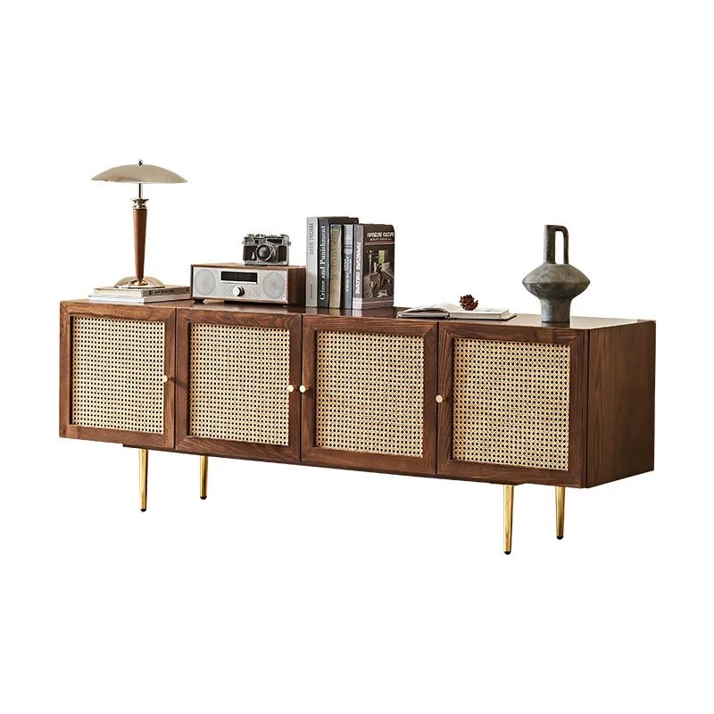 

Wabi-sandy rattan living room four-door solid wood TV cabinet, antique simple living room floor-to-ceiling storage TV cabinet
