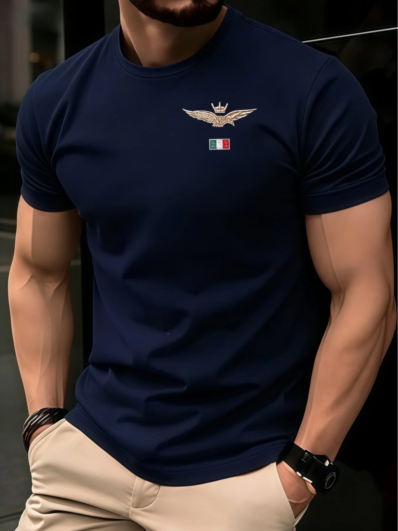 Summer Men's 100% Pure Cotton Casual Fashionable Loose Retro Compass Mountain Pattern Printed Round Neck Short Sleeved T-Shirt