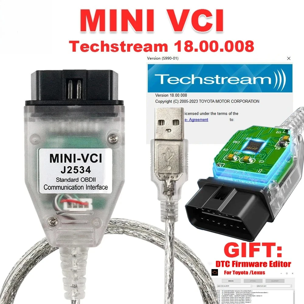 

Mini Vci FTDI Chip OBD2 Diagnostic Cable For Toyota TIS Techstream V18.00.008 until 2023 for Toyota/Lexus DTC Firmware Editor