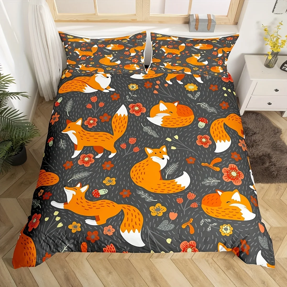 3-Piece King Size Fox Bedding Duvet Cover Set - Cartoon Animal Comforter Cover, Cute Kawaii Flower Floral Pattern, Watercolor