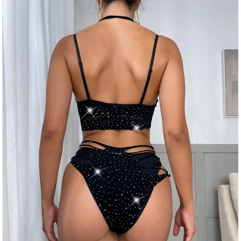 Conjunto de Bikini de punto Jacquard hueco para mujer, decoraciones de diamantes calientes, conjunto de Bikini de correa Sexy de alta elasticidad brillante, europeo y americano