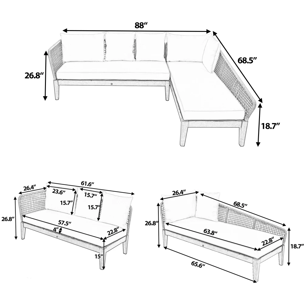 Grupo moderno de assentos ao ar livre para 5 pessoas com almofadas Conjunto de sofá de pátio ondulado em corda para jardim, gramado, piscina, em forma de L, cinza + bege