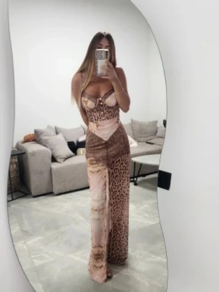 XIAOTANG Leopard Print Lace Split Sexy Maxi Dress Women Gown Elegant Patchwork Chiffon Sleeveless Backless Beach Evening Dress