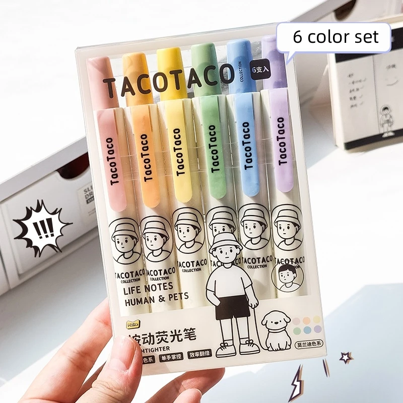 6pcs Taco Color Highlighter Pens Set Cartoon Human & Pets Knock Type Art Marker for Drawing Painting A7592