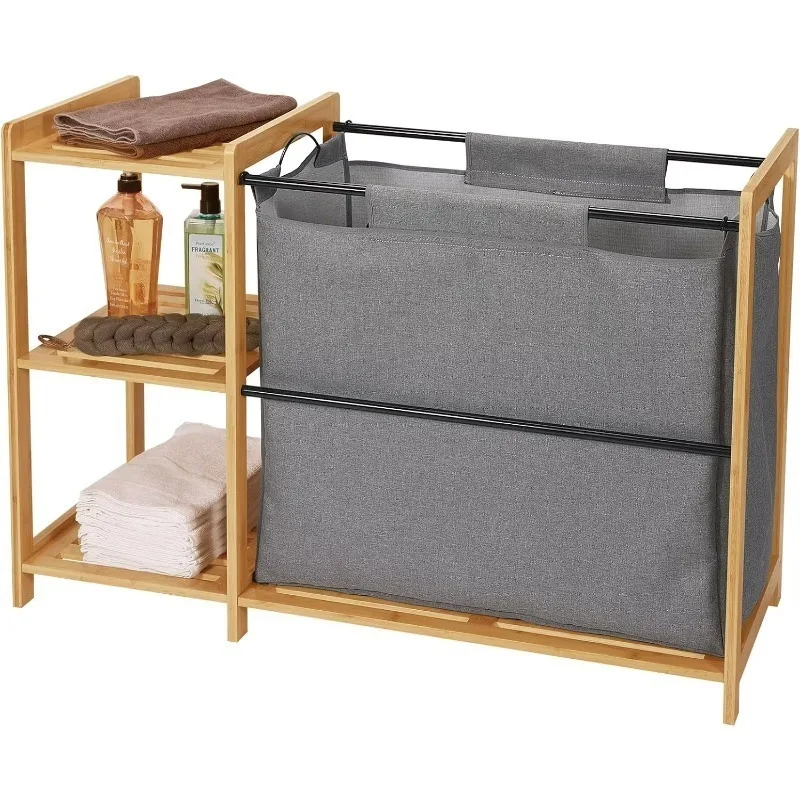 Bamboo Laundry Basket with Shelf Independent Laundry Basket Basket with Movable Slide Bag Bamboo Storage Laundry