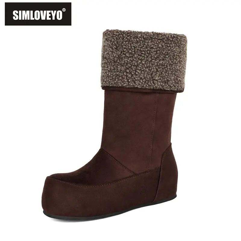 SIMLOVEYO Ladies Mid Calf Boots Round Toe 35mm Raised Heel Warm Fleece Plus Size 45 46 47 48 Casual Daily Botas Winter Comfort
