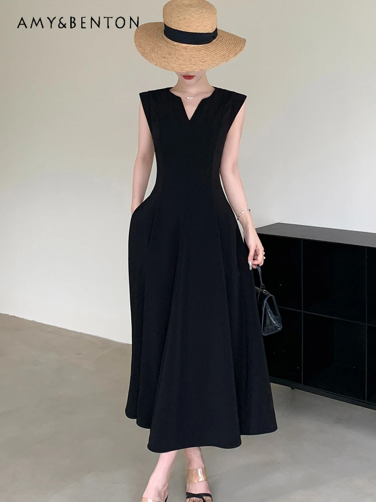 

French Temperament Hepburn Wind Black Dress Summer New Fashion Elegance Sleeveless Slim Mid-Length Dresses Commute Style Dress