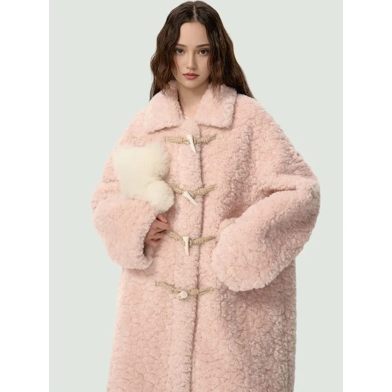 新しいロングラペルスウィートラムスキンホーンボタンファーコート秋冬ドーパミンヒットリラックススタイルアウターコートハイエンドファッショナブルコート