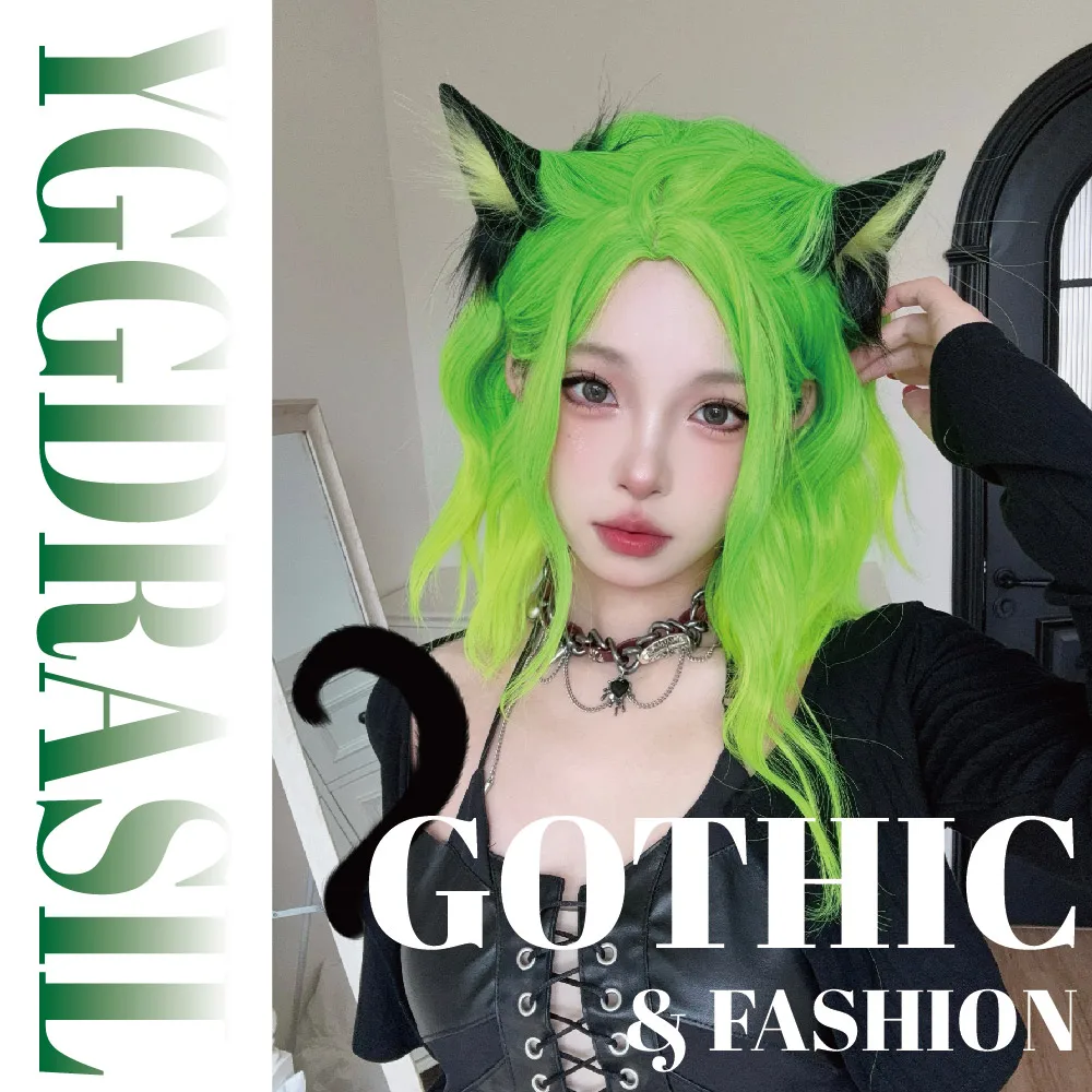 16Inch Gothic Green Gradient Synthetic Wigs Middle Part Short Natural Wavy Hair Wig for Women Daily Use Cosplay Heat Resistant