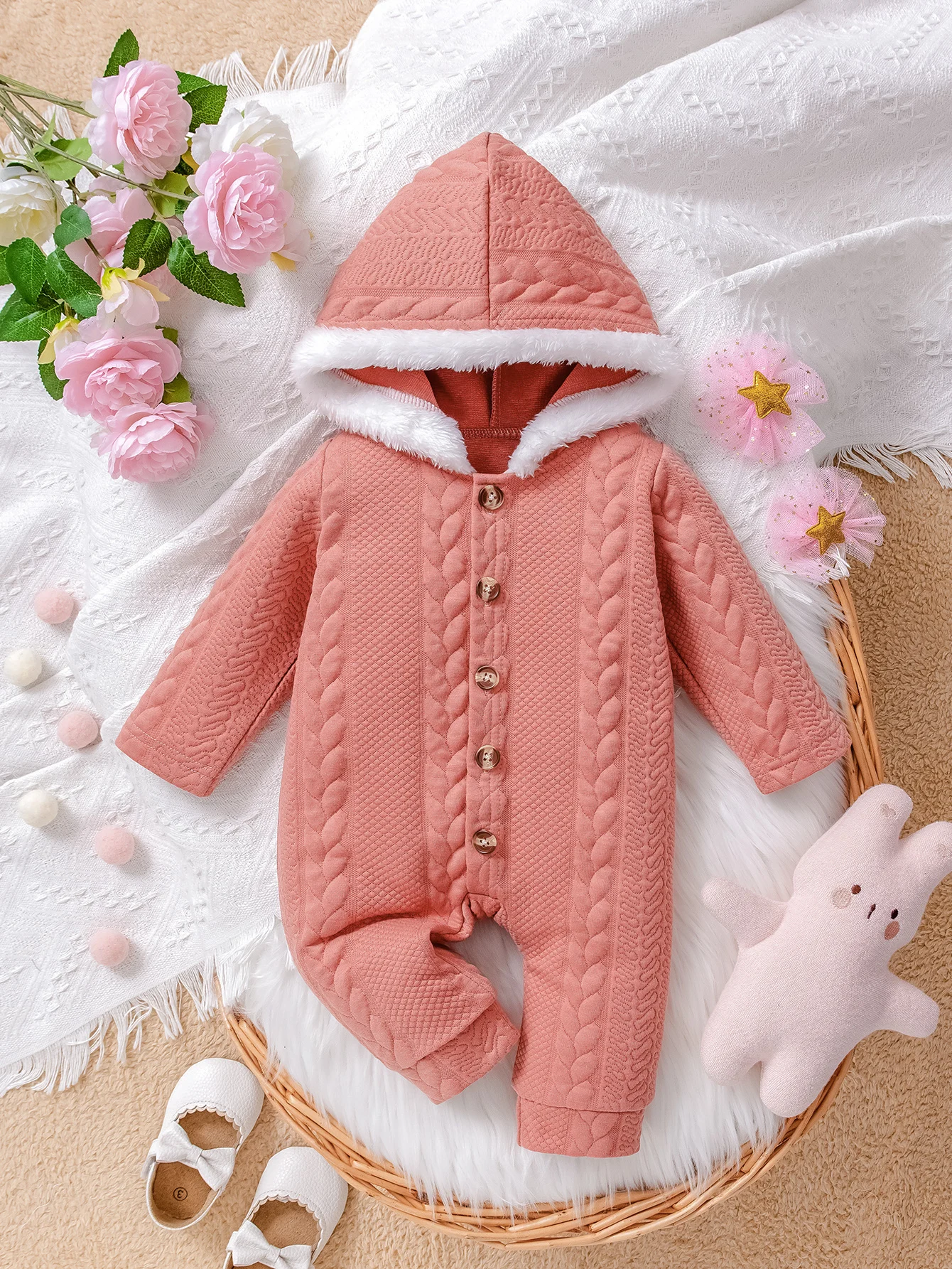 Pink Button-Up Hooded Onesie Solve Autumn Winter Temperature Difference Baby Comfortable No Crying One-Piece Suit