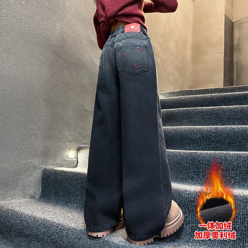 الشتاء فتاة عيد الميلاد معزول الجينز مع التدرج القلب التطريز للأطفال الدافئة الدنيم السراويل الأطفال السراويل مبطنة بالصوف