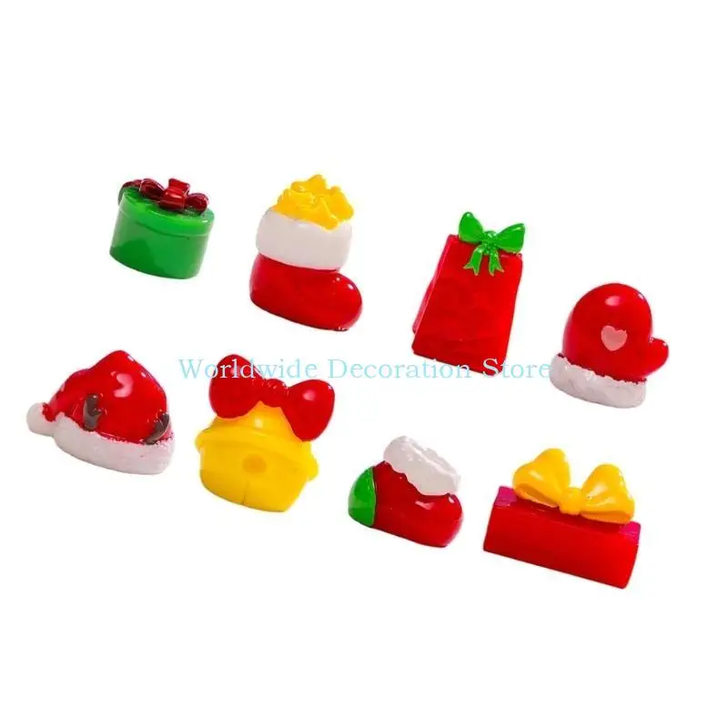 Q39B 8PCS Miniature Scene Ornament set，Miniature Christmas hats, stockings and gifts, Bells Ornament Desktop Decorations