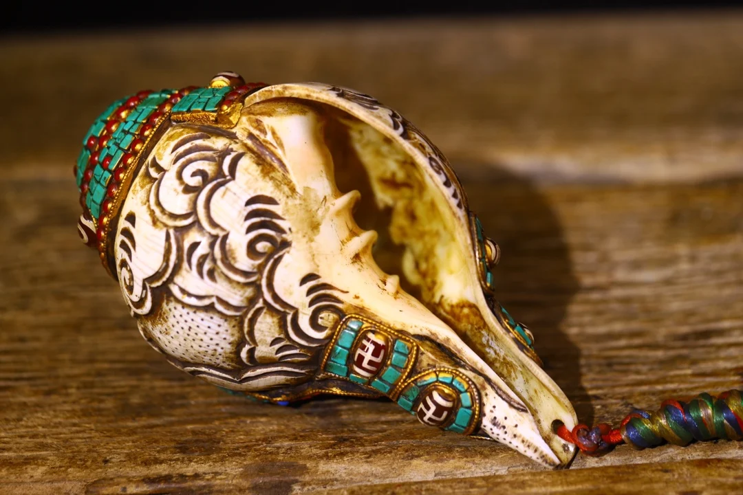 

8"Old Xizang Folk Collectio Old Natural Conch Mosaic Gem gZi Beads Turquoise Yellow Jambhala Buddha Conch Pendant Amulet
