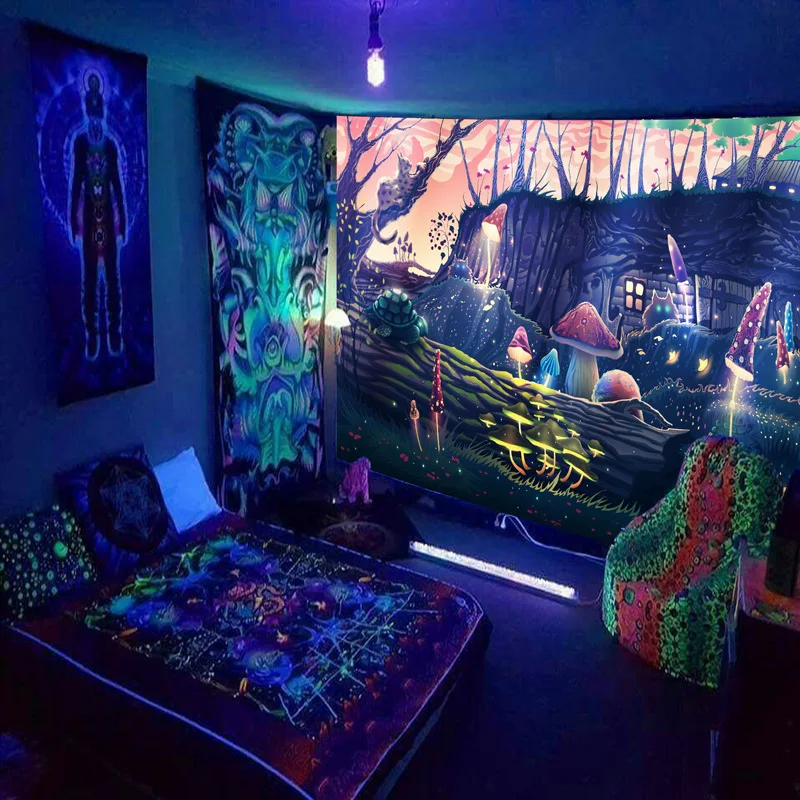 Fluorescent tapestry UV Bohemian wall hanging witchcraft skeleton tiger psychedelic home decoration