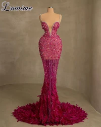 New Fuchsia Illusion Evening Dresses With Pearls Mermaid Spaghetti Sexy Prom Party Dresses With Feathers Vestidos Para Mujer