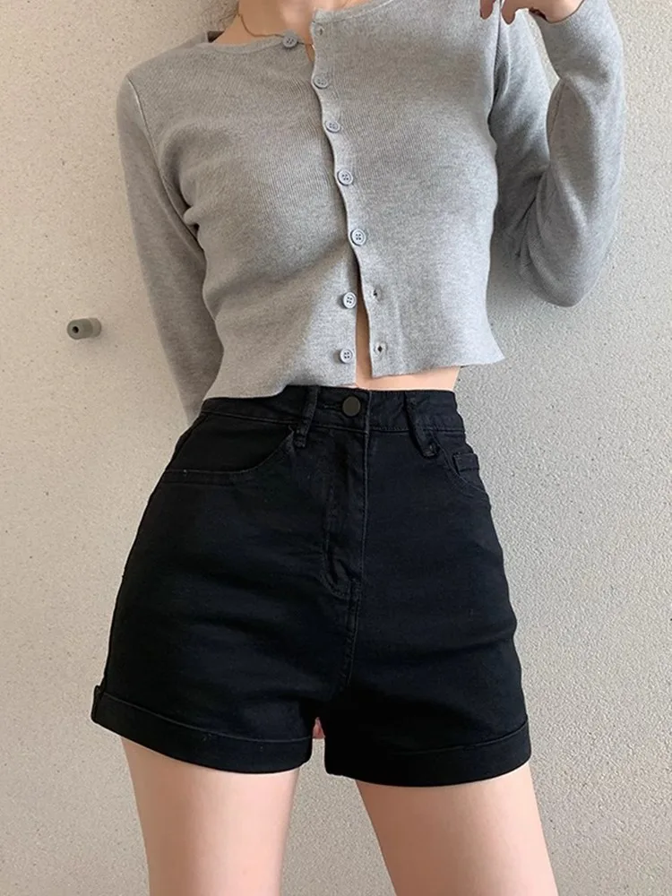 High Waist Black Elastic Denim Shorts Women's A-Line Cuffed Summer Slimming Hot Pants Trendy Cotton Stretch Jeans Short Shorts