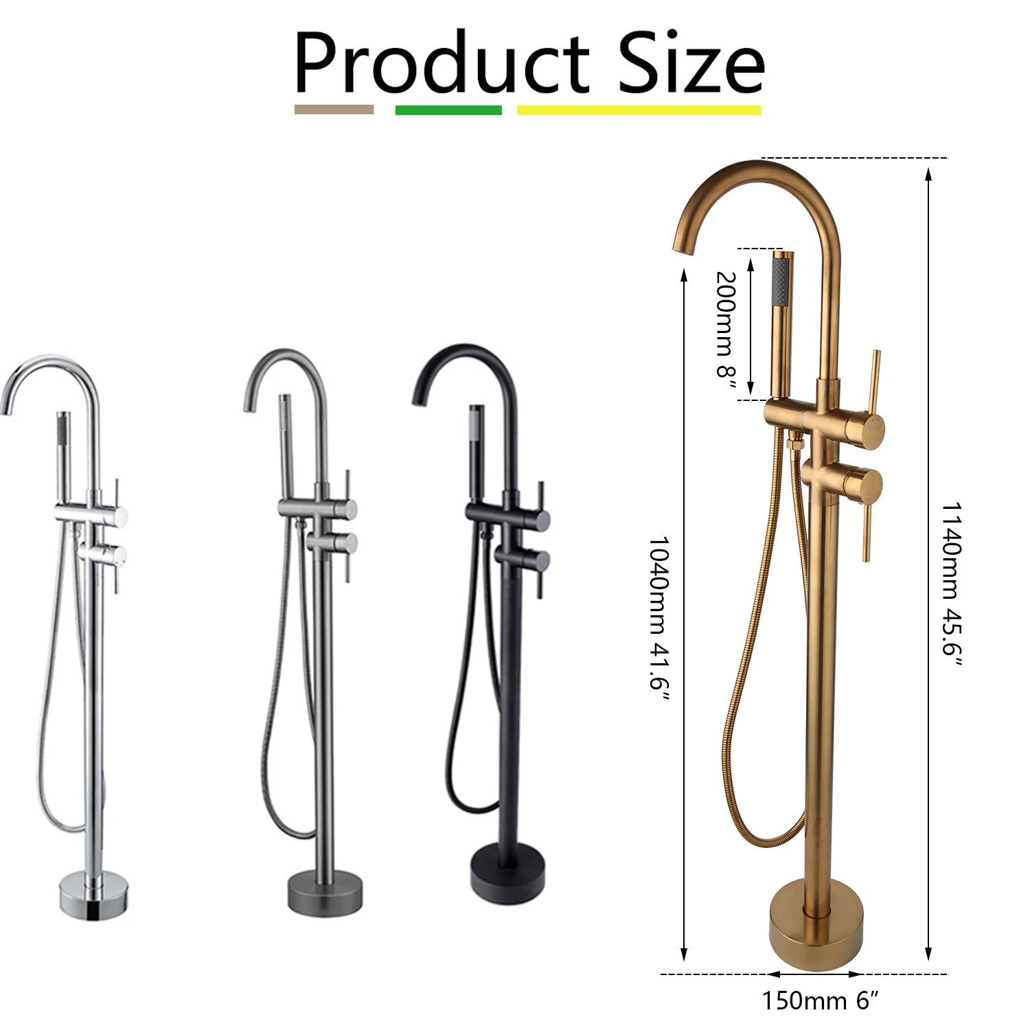 ZAPPO Freestanding Bathtub Faucet Tub Filler with Hand Held Shower 360° Swivel Spout Brushed Gold Brass Bathroom Tub Faucets Set