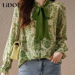 2023 Spring Autumn New Round Neck Long Sleeve Casual Shirt Women Fashion Floral Printing Lacing All-match Single Breasted Blouse