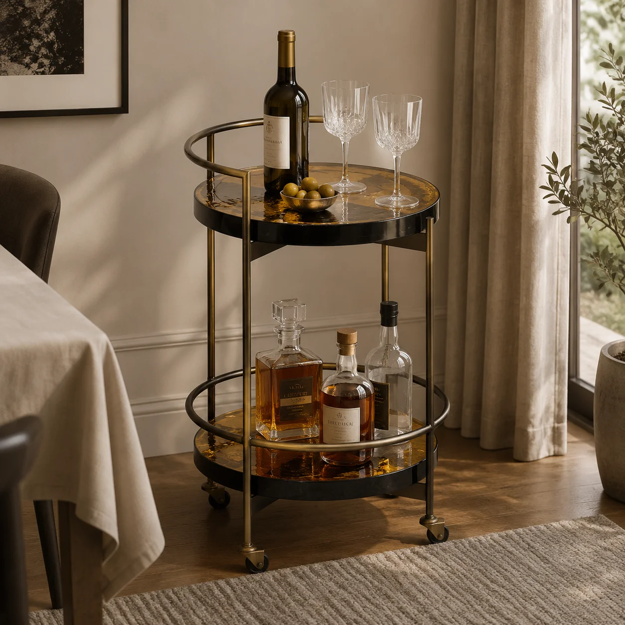 Bar Cart 2 Tier Round Amber Glass Serving Cart Antique Brass Frame Drink Trolley With Wheels For Home Bar Living Room