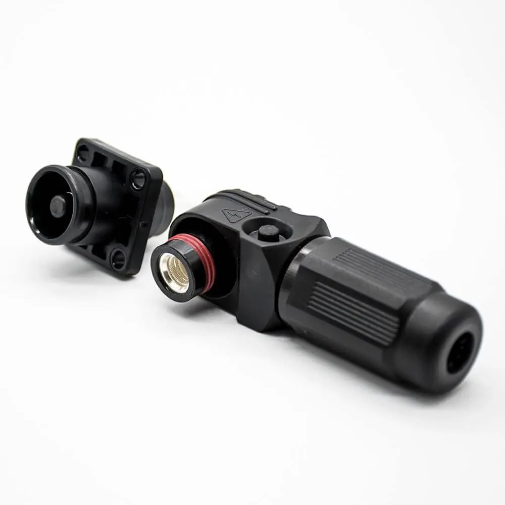  High Voltage High Current Connector 12mm Black Right Angle Plug and Socket IP65 250A Busbar Lug
