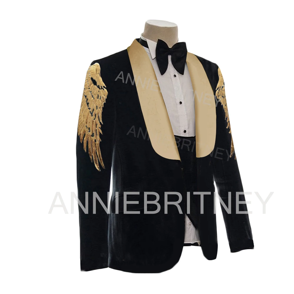 Luxury Gold Wing Blazer Sets Black Velvet Tuxedos Suits For Men Wedding Party Groom 3 Piece Shawl Lapel Costume Homme Masculino