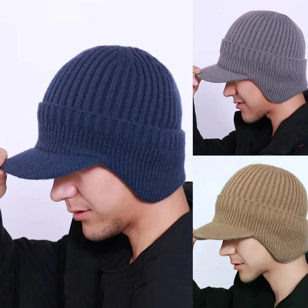 Short Brim Ear Protection Men Knitted Cap Winter Warm Cycling Earflap Hat Ski Outdoor Baseball Cap