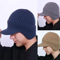 Short Brim Ear Protection Men Knitted Cap Winter Warm Cycling Earflap Hat Ski Outdoor Baseball Cap