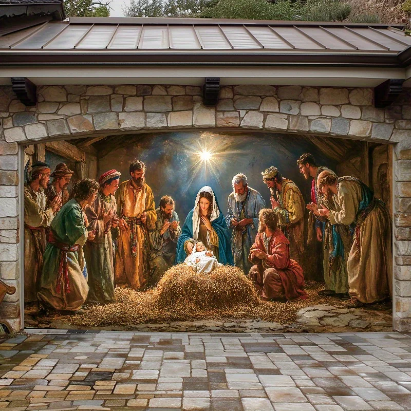 2D Flat 1pc Nativity Scene Garage Door Banner Cover - Large Polyester Nativity-themed Holiday Tapestry For Christmas Outdoor/Ind