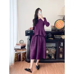 Miyake Ladies Skirt 2 Piece Fashion Temperament Commuter Long Sleeve Pleated Pod Skirt Set 2025 Spring Fall New Women Clothing