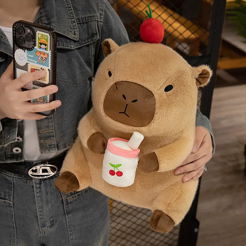 Capivara com frutas boba chá plushie recheado capibaras animais brinquedo tendo maçã uva suco de laranja bebida brinquedos para fãs do miúdo presente