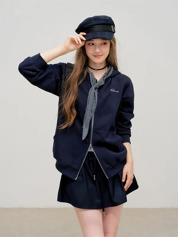 

16DEWS College Style Patchwork Hooded Zipper Sweatshirt Dark Blue Korean Versatile Top Women's Fashion Spring Season