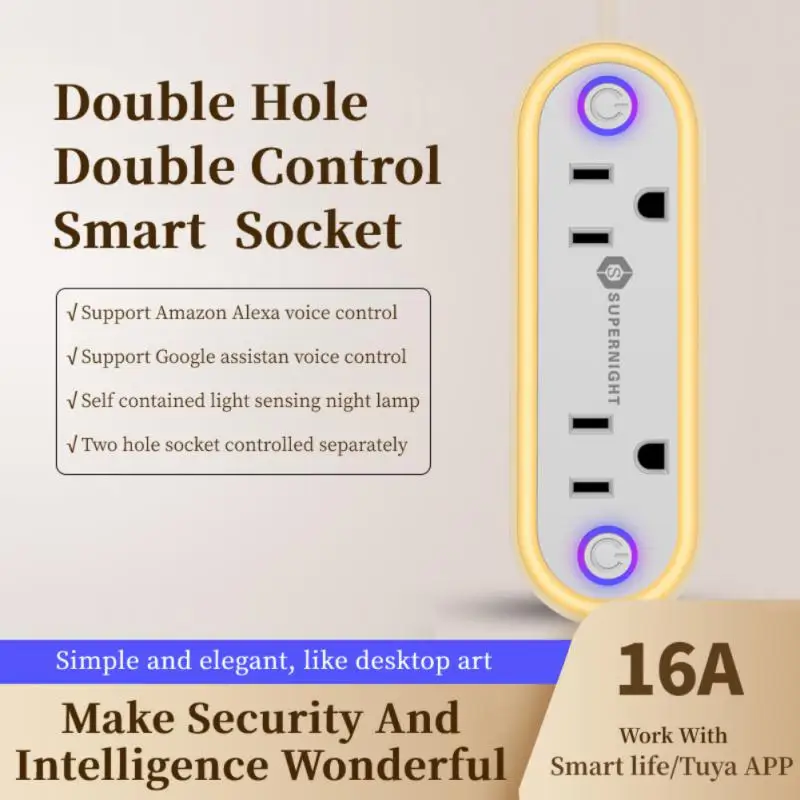Outlet พร้อมเซนเซอร์ตรวจจับแสง Night Light Timing Smart Life ซ็อกเก็ตอัจฉริยะควบคุมเสียง Tuya US Plug ทํางานร่วมกับ Alexa Home 16a