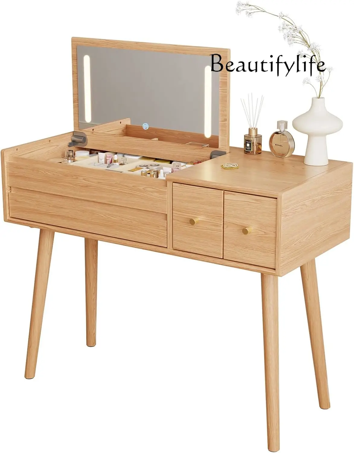 

Wooden Chest of Drawers Bedroom Dressing Table for Makeup with LED Flip Mirror with Jewelry Cabinet Dresser Makeup Small Vanity