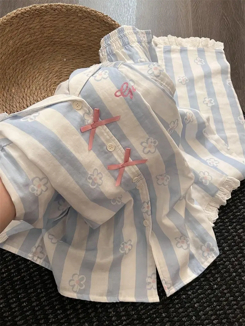 Women Pajama Set Long Sleeve Button Up Blue Striped Flower Lace Bow Shirt Long Pants 2Pcs Sleepwear Spring Cotton Loungewear Pjs